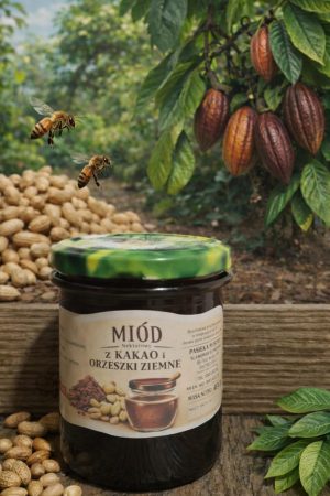 Miód z kakao i orzeszkami ziemnymi w słoiku — Pasieka Robinia Miód z kakao i orzeszkami ziemnymi w słoiku — Pasieka Robinia