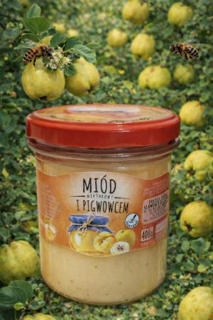 Miód z pigwowcem liofilizowanym w słoiku — Pasieka Robinia Miód z pigwą liofilizowanym w słoiku — Pasieka Robinia