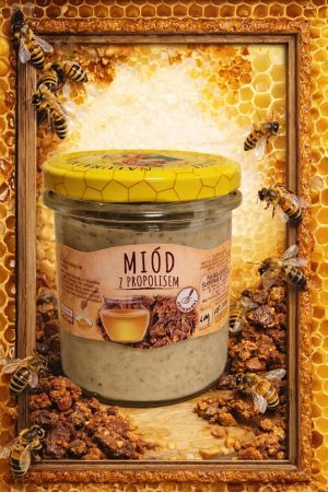 Miód z propolisem pszczelim w słoiku — Pasieka Robinia