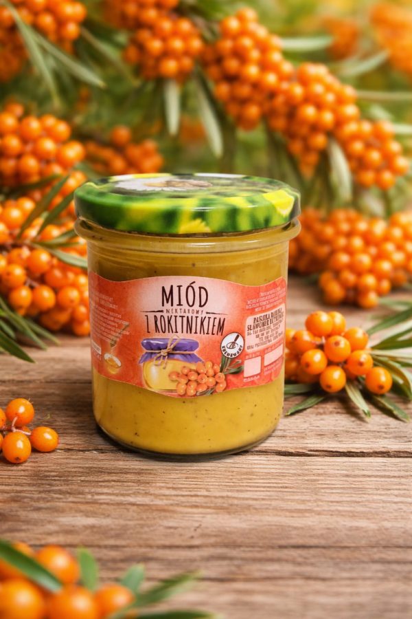 Miód z rokitnikiem liofilizowanym w słoiku — Pasieka Robinia