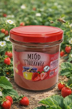 Miód z truskawką liofilizowaną w słoiku — Pasieka Robinia Miód z truskawką liofilizowaną w słoiku — Pasieka Robinia